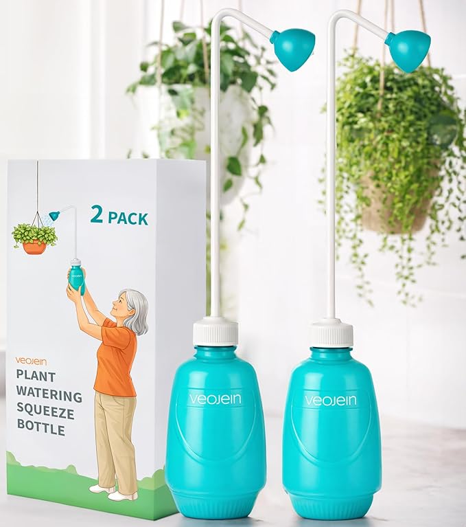 VEOJEIN Plant Watering Squeeze Bottle [16,2", Pack of 2], Long Spout Watering Can for Hanging Plants, Original Extended Design for Hard-to-Reach Plants Indoor & Outdoor Watering, 15 oz (Teal)