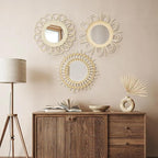 Briful Beige Wall Mirrors Decor Set of 3 Wooden Round Wall Mirrors Wall-Mounted Sunburst Mirrors Hanging Wall Art for Living Room Home Indoor Bedroom Decor