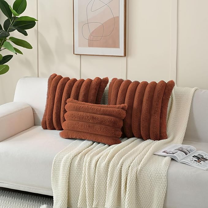 FUTEI Rust Decorative Throw Pillow Covers 20x20 Inch Set of 2, Square Soft Faux Rabbit Fur Big Striped Cushion Cover,Home Decor for Couch Sofa Bed Living Room