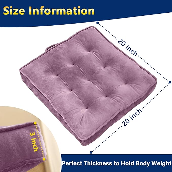 Floor Pillow Set of 2, Memory Foam Meditation Cushion, Floor Cushions for Adults Sitting, Large Square Seat Cushions for Yoga, Living Room, 20x20 Inch (Purple)