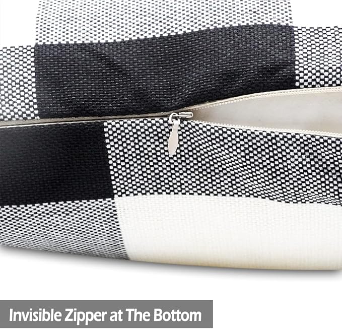 CARRIE HOME Black and White Outdoor Throw Pillow Covers 16x16 Set of 2 Black Buffalo Plaid Pillows Decorative Linen Boho Pillow Cover, Farmhouse Decor for Couch, Patio and Sofa