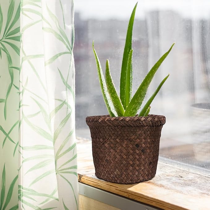 Yardwe Small Seagrass Storage Basket Woven Planter for Indoor Outdoor Use Decorative Wicker Plant Pot Container for Home Organization and Flower Display 5.90X4.72X4.72 Inch