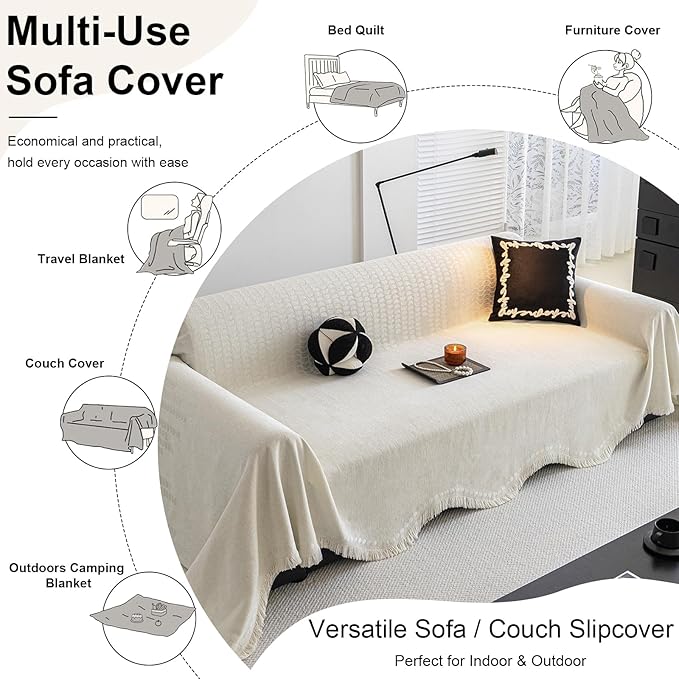 ROOMLIFE Boho White Couch Cover for Dogs, Washable Non Slip Furniture Protector Couch Sofa Covers for 3 Cushion Couch, Soft Chenille Couch Cover Throw Blanket with Tassels 71''X118''