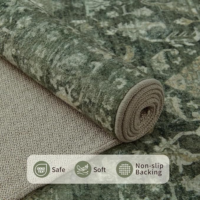8x10 Area Rugs for Living Room Bedroom, Large Washable Rug, Green Vintage Floral Boho Rug, Non Slip & Low Pile Faux Wool Thin Carpet for Indoor Dining Room and Kids Room(Green 8x10ft)