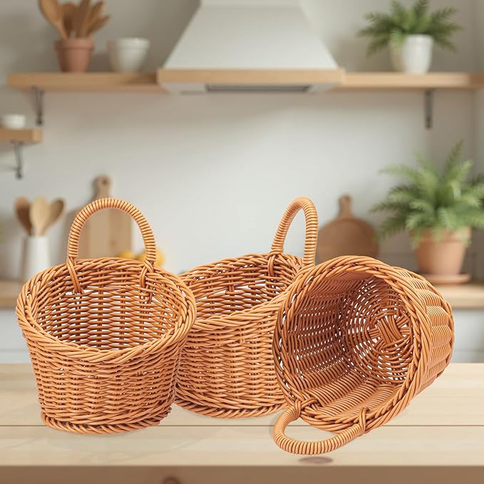 6 Pack 6.3 x 5 inch Woven Hanging Fruit Basket, Wall Hanging Wicker Baskets, Wall fruit Wicker Basket for Kitchen, Planter, Vegetable & Fruit, Boho Home Decor