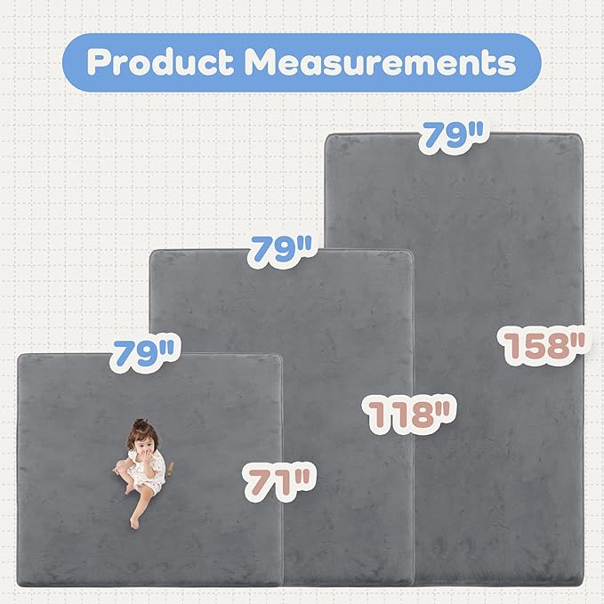 1.3" Thick Baby Floor Play Mat 71x79, Basic Padded Foam Mat for Tummy Time Crawling, Non Slip Cushioned for Babies Toddlers Infants Kids (Dark Grey)