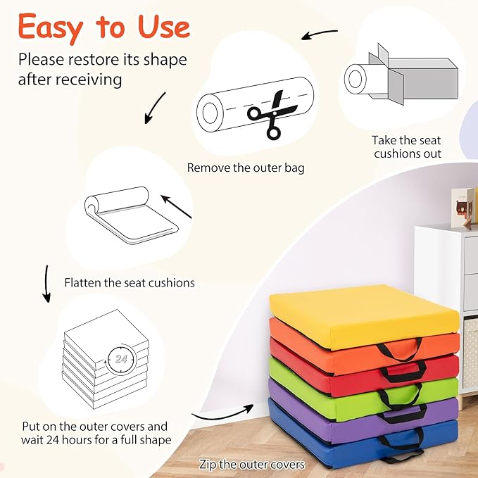 Costzon 6-Piece 16 inch Kids Floor Cushion, 2.5" Thick Waterproof Daycare Preschool Square Foam Cushion with Handle for Toddlers, Soft Flexible Seating for Classroom, Home, Kindergarten or Nursery