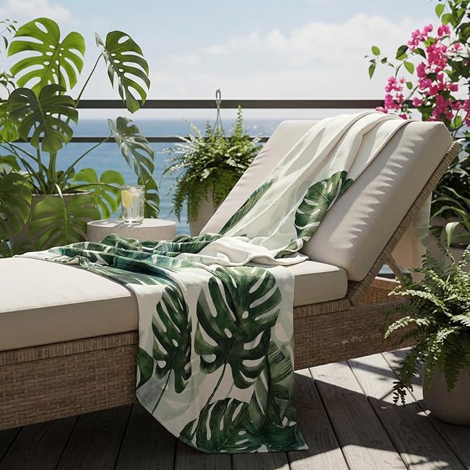 Tropical Green Leaf Throw Blanket Monstera Palm Tree Fleece Blanket for Couch and Bed Holiday Theme Cozy Soft Throw Decoration Warm Gift for Summer, 50 x 60 Inches