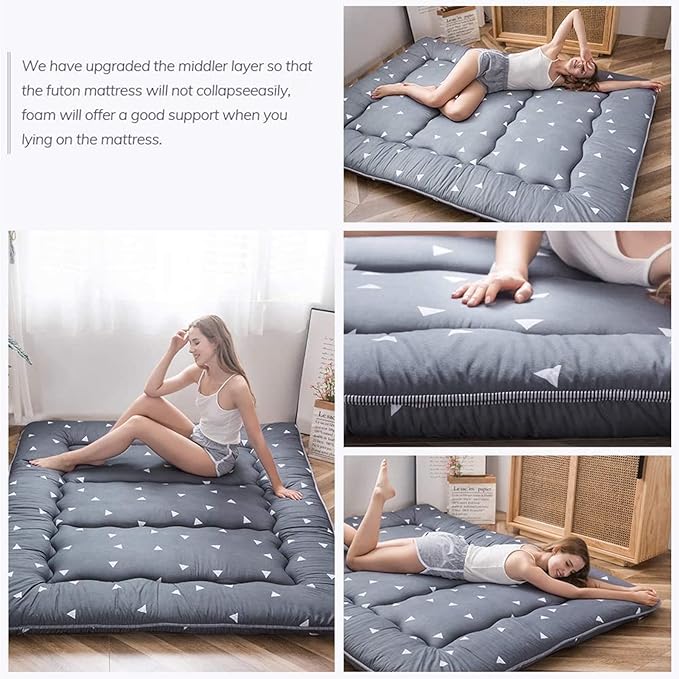 MAXYOYO Grey Triangle Japanese Floor Futon Mattress, Tatami Mat Portable Camping Mat Kids Sleeping Pad Foldable Roll Up Floor Lounger Pillow Bed Twin Size with Mattress Protector Cover