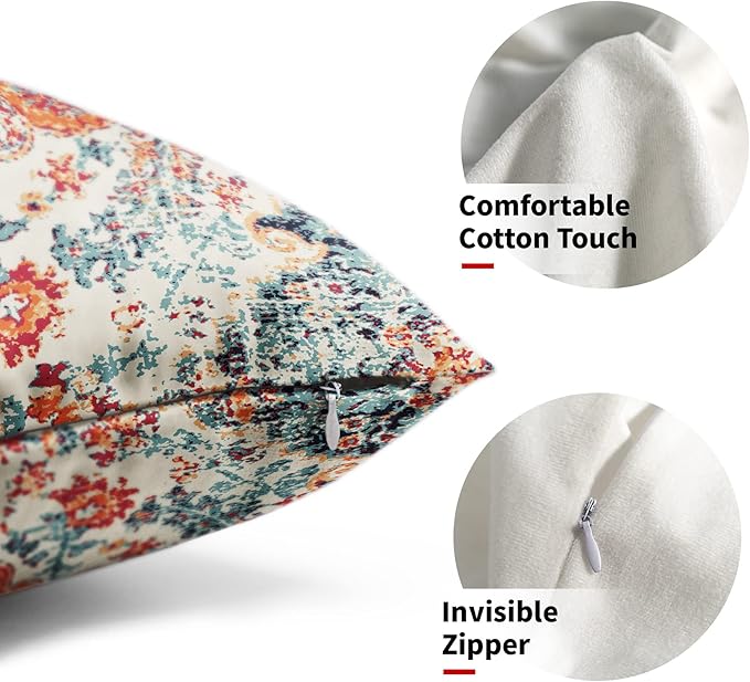 Orange Blue Ethnic Boho Lumbar Pillow Covers 12x20 Inch Bohemian Carpet Vintage Rust Coral Floral Pillow Cases for Couch Farmhouse Rectangle Rustic Rug Pillow Cases for Bed Patio Outdoor Indoor Set 2