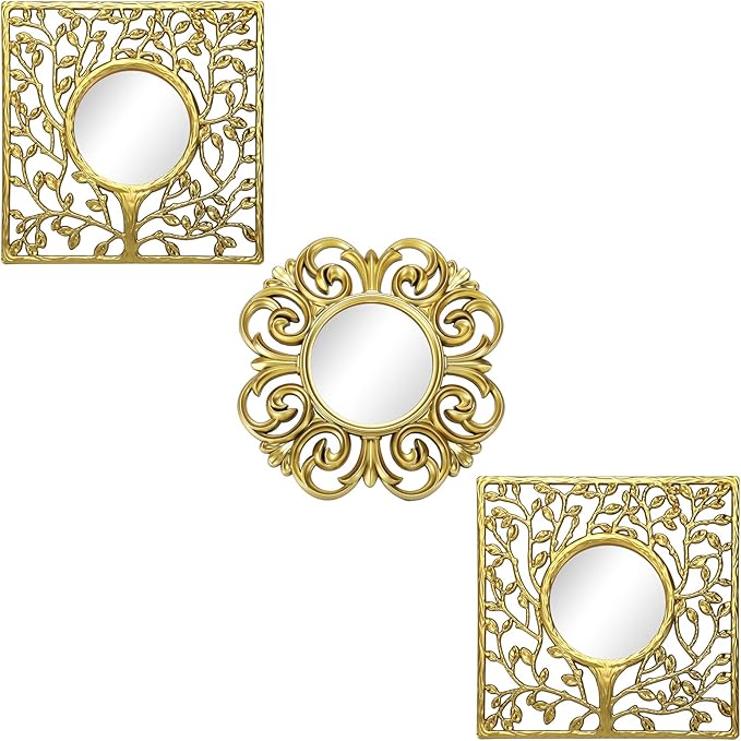 3 Pack Gold Sunburst Mirrors for Wall Decor Circle Flowers Mirrors Decorative Gold Hanging Wall Art Flowers Mirror for Home Living Dinning Room Bedroom Bathroom Boho Decoration Art(Vintage)