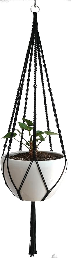 Plant Hanger Macrame Cotton 6 Legs 51 Inches in Tan and Green Color for Indoor Outdoor, Living Room, Kitchen, Deck, Patio, High and Low Ceiling with Size of 10-12 inches Without The Pot (Black)