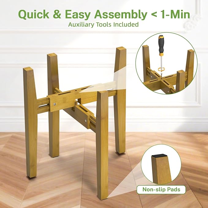 iDavosic.ly Adjustable Plant Pot Stand Indoor Outdoor, Mid Century Modern Bamboo Short Single Flower Holder Fits 8 to 12 Inch Large Heavy Duty Planter (Not Included) | Brown