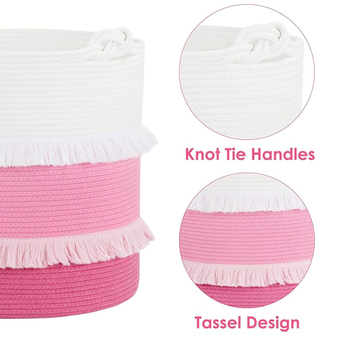 CherryNow Extra Large Woven Storage Baskets – 16'' x 17'' Cotton Rope Decorative Pink Hamper for Nursery, Toys, Blankets, and Laundry, Cute Tassel Nursery Décor for Baby & Girl