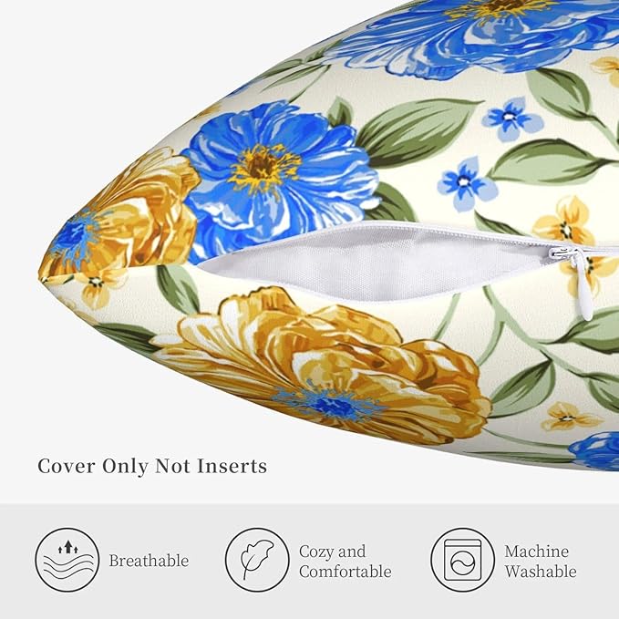 Mustard Yellow Floral Spring Summer Throw Pillows Covers 18x18 Inch Set of 2, Blue Flowers Pillowcases, Boho Square Cushion Covers for Couch Sofa Bedroom Living Room Farmhouse, Boho Spring Home Decor