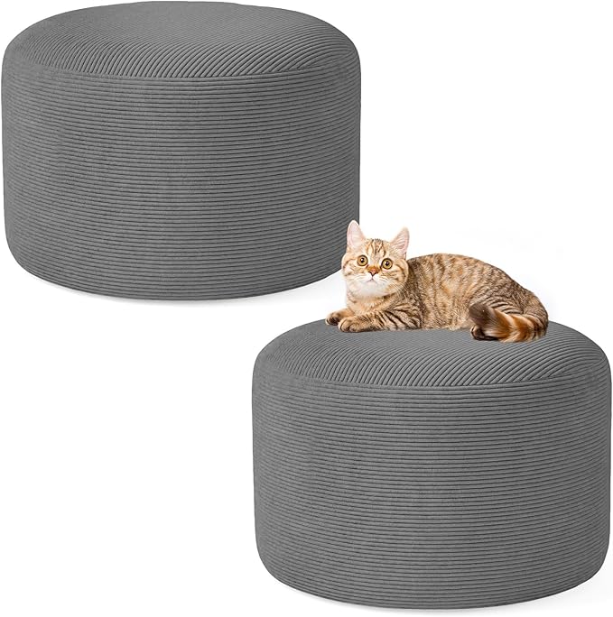 2PCS 20 * 20 * 12inch Unstuffed Ottoman Pouf Cover Unfillable Pouf Cover Foot Rest with Storage Corduroy Round Foot Stool Covers for Living Room Bedroom Home Decor,Grey