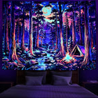 Racunbula Blacklight Fantasy Forest Tapestry UV Reactive Galaxy Space Moon Tapestry Trippy Pine Trees Wall Tapestries Nature Landscape Mountain River Tapestries Wall Hanging for Bedroom