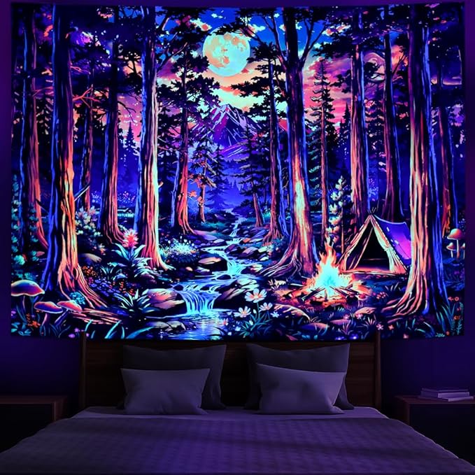 Racunbula Blacklight Fantasy Forest Tapestry UV Reactive Galaxy Space Moon Tapestry Trippy Pine Trees Wall Tapestries Nature Landscape Mountain River Tapestries Wall Hanging for Bedroom