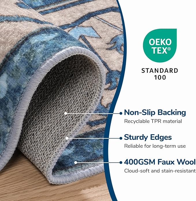 Lessymo Area Rugs 9x12 Living Room, Large Area Rug Machine Washable Area Rug for Bedroom Living Room, Vintage Rugs Boho Floral Medallion, Non-Slip Rubber, Low Pile, Kid & Pet Friendly, Blue Brown