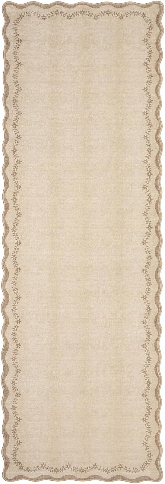 GarveeHome 2x6 Scalloped Washable Runner Rug for Kitchen, Soft Tan Jute Hallway Runner Non Slip Entryway Rug Farmhouse Thin Laundry Mat Stain Resistant Carpet for Bedroom Bathroom Beside Rug