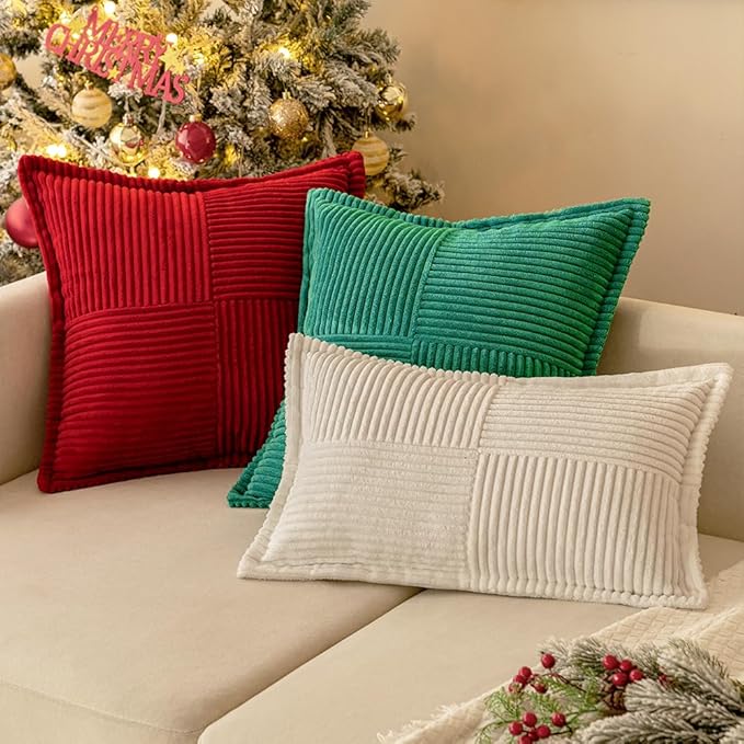 MIULEE Decorative Euro Sham Throw Pillow Covers for Couch Bed Livingroom 26x26 Inch Set of 2 Red Boho Accent Throw Pllows Broadside Striped Patchwork Soft Corduroy Pillowcases