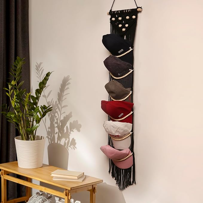 Ball Cap Hanger-1 Pack-Boho Macrame Cap Holder Wall Hat Organizer for Baseball Cap Holder Over Door, Hat Rack for Wall, Cap Rack for Decoration and Display（Black