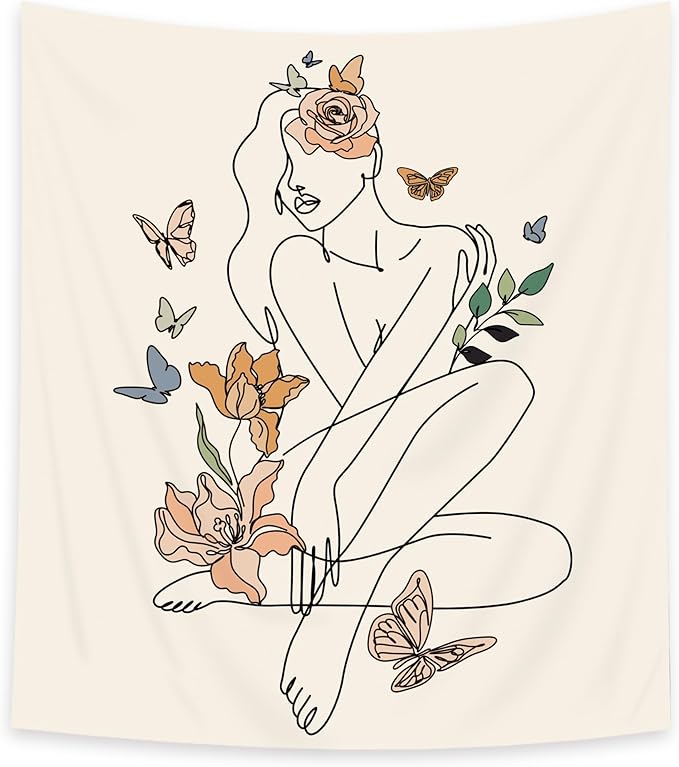 SVBright Abstract Woman Fabric Wall Hanging Tapestry 51Wx59H Inch Simple Modern Butterfly Flower Leaves Minimalist Art Line Plant Aesthetic Portrait Sketch Home Decor Art for Living Room Bedroom Dorm