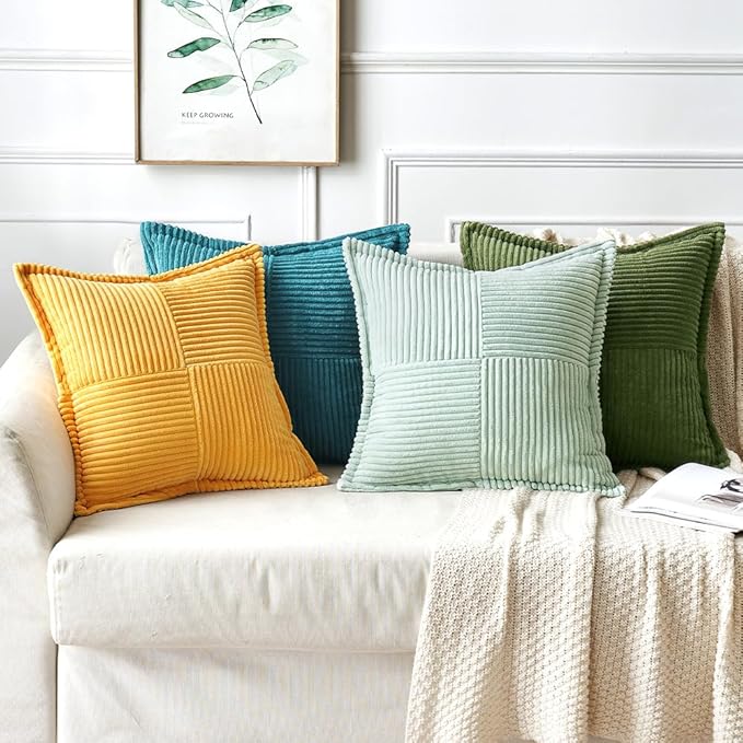 MIULEE Spring Decorative Throw Pillow Covers for Couch Bed Livingroom 18x18 Inch Set of 2 Light Green Boho Accent Throw Pllows Broadside Striped Patchwork Soft Corduroy Summer Pillowcases