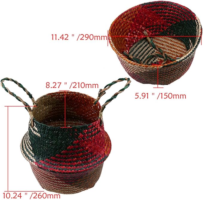 Natural Seagrass Basket - BESTCHANCEUS Seagrass Belly Basket with Handles Handmade Foldable Tote for Storage,Laundry, Picnic, Plant Pot Cover, and Beach Bag Colorful 29x26CM