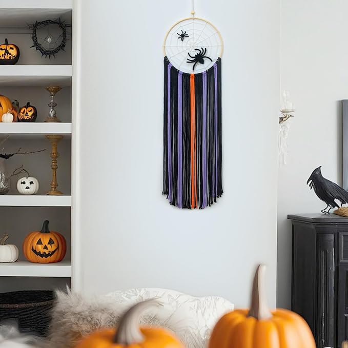 EOBTAIN Halloween Macrame Wall Hanging,Spider Web Dream Catchers,Black Purple and Orange Tassels Pure Cotton Cord Textile Wall Art,Halloween Decorative Woven Tapestry for Home Decor,9.8x32.8 Inch