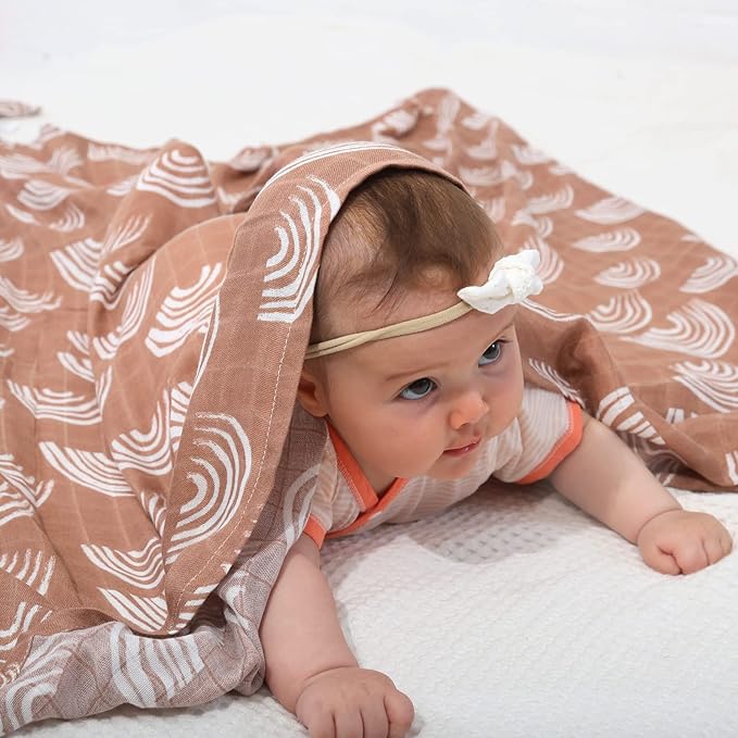 BabyWhale Muslin Swaddle Blanket with Hat and Headband Bow, Boho Rainbow Pattern Swaddle Set for Baby Boys & Girls, Unisex Silky Soft Breathable Receiving Wrap, 47x47 inches, Brown