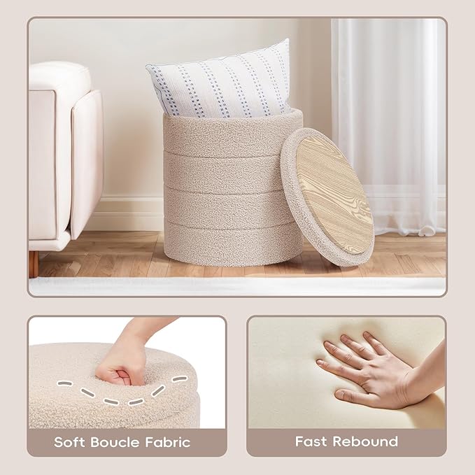PINPLUS Round Storage Ottoman Foot Rest Stool with Tray Velvet Sherpa Folding Storage Ottoman,Boucle Foot Rest for Living Room, Bedroom, Dorm（Beige）