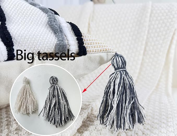 Chenille and Cotton Long Pillow for Bed, Striped Textured Boho Lumbar Throw Pillow Cover 12x36, Neutral Accent Decorative Extra Long Body Pillow Case for Couch, Sofa, Bedroom, Grey