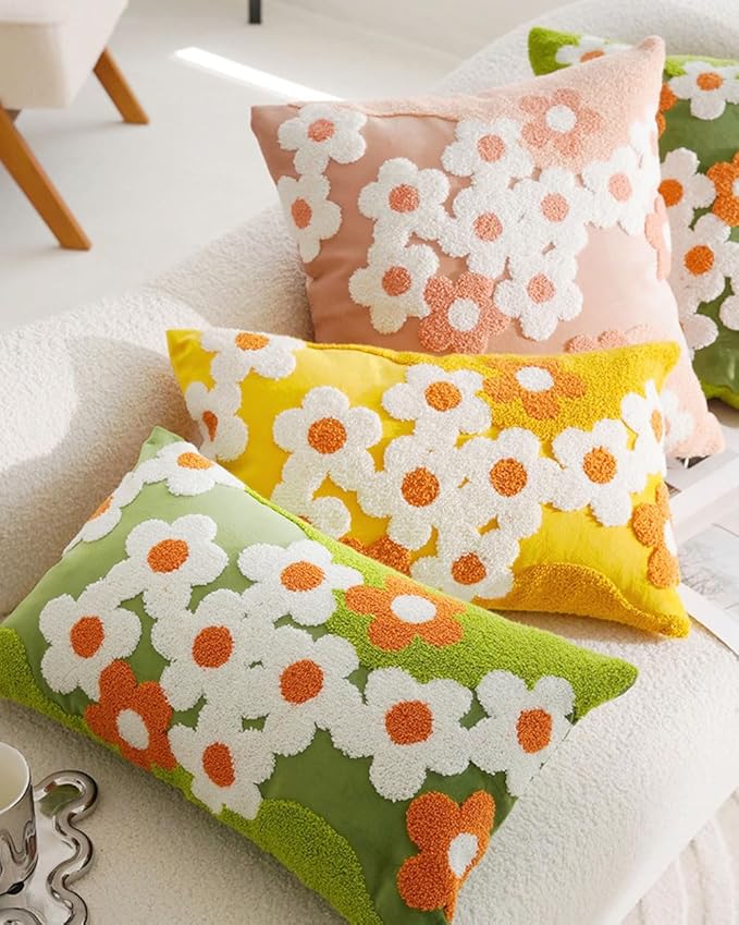 vctops Spring Floral Tufted Decorative Throw Pillow Covers Cute Flower Lumbar Pillow Cases Soft Velvet Couch Cushion Cover for Chair Sofa Bedroom Living Room Home Decor (Green,12"x20")
