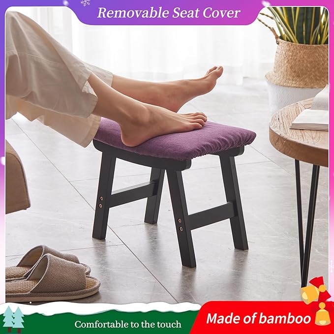 Foot Stool,Ottoman,Bamboo Small Sofa Foot Rest Under Desk,Extra Seating for Living Room, Bedroom and Kitchen (Black Stool Legs - Purple Surface)