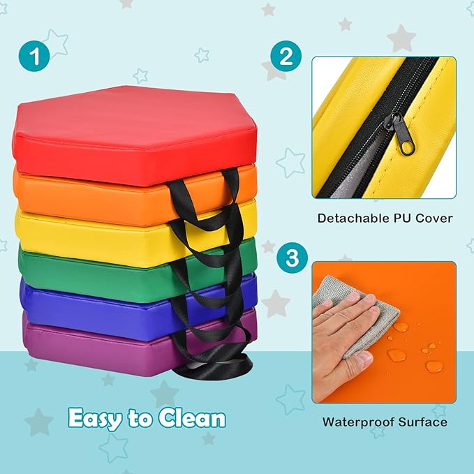 Costzon 6-Piece 15 inch Kids Floor Cushion, 2" Thick Waterproof Daycare Preschool Hexagon Foam Cushion with Handle for Toddlers, Soft Flexible Seating for Classroom, Home, Kindergarten or Nursery