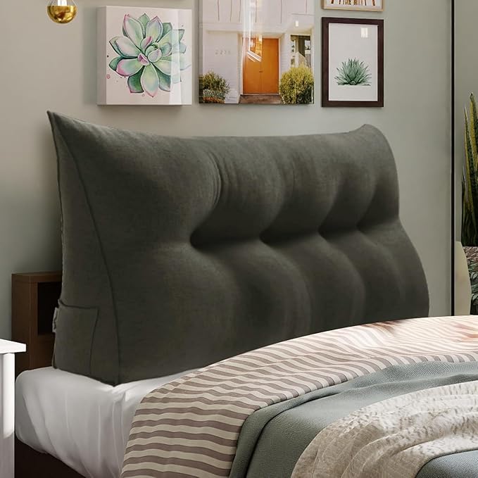 WOWMAX 80% Cotton & 20% Linen Blend Headboard Pillow – Full Size Reading Wedge Backrest for Bed, Handmade Firm Support Bolster Cushion with Removable Cover, Premium Bed Rest Pillow, Deep Gray