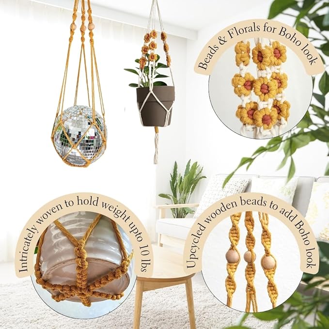 Set of 2 Macrame plant hanger with Daisies & Beads | Hanging plant holder Macrame Plant hangers outdoor and indoor hanging planters Plant stand indoor Boho Decor hanging planter stand (SunshineYellow)