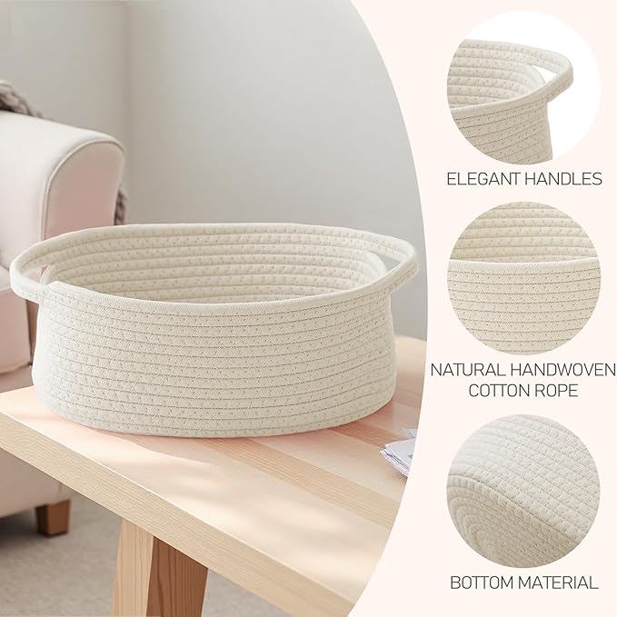 Woven Basket,Small Rope Storage Bin with Handles & Ribbon Bag, Organizer for Shelves Closets,Gift Basket Empty for Birthday,Books,Dog Toys,White/3 Pack