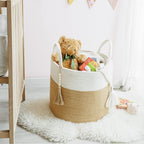Mkono Woven Storage Basket Decorative Natural Rope Basket Wooden Bead Decoration for Blankets,Toys,Clothes,Shoes,Plant Organizer Bin with Handles Living Room Home, 16" Wx13.8 L, Cream White and Brown