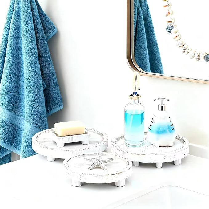 3PCS Wooden Display Stand， Rustic Whitewashed Wood Risers for Home Decor - Decorative Stackable Shelf for Plants, Candles, Books - Farmhouse Pedestal Stand (6” 8” 10”) (White coloe)