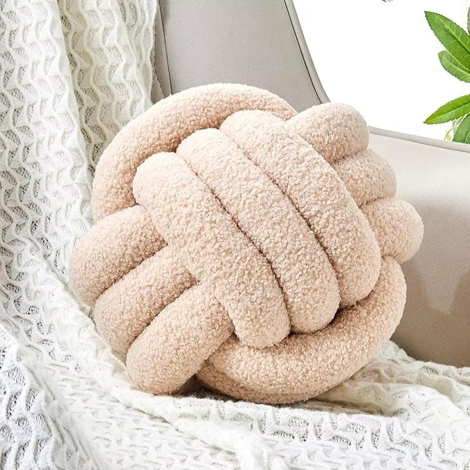 Uvvyui Knot Pillow Ball, Soft Home Decorative Round Throw Pillow, Handmade Knotted Plush Pillow, Round Boucle Pillow Cushion (8.6 Inches Beige)