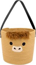 Woven Hanging Basket, Highland Cow Cotton Rope Hanging Wall Basket，Cute Brown Basket for Plants Toys Remotes, Decorative Basket for Porch Living Room Bedroom Entryway (7.8x7inch)