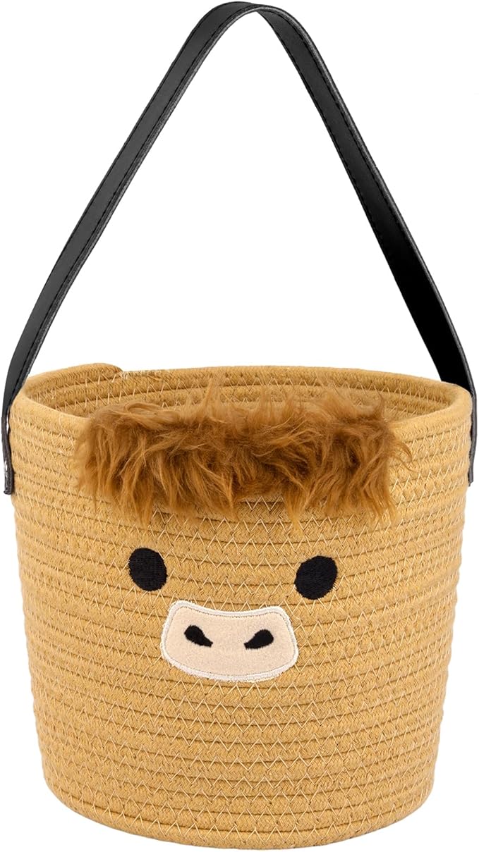 Woven Hanging Basket, Highland Cow Cotton Rope Hanging Wall Basket，Cute Brown Basket for Plants Toys Remotes, Decorative Basket for Porch Living Room Bedroom Entryway (7.8x7inch)
