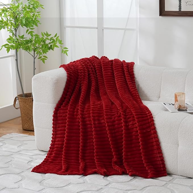 Red Fleece Throw Blanket 90”×90” for Couch Sofa Bed,Super Soft Cozy Plush Microfiber Flannel Blanket with Stripes Design Lightweight for Adults,Woman,Girls