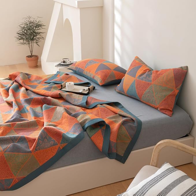100% Cotton Muslin Blanket Jacquard Bohomian Mandala Triangle Quilt, Soft Bed Cover 3 Layers Reversible Bedspread Coverlet Breathable Lightweight Bedding Twin(59"x94"), No Pillow Sham