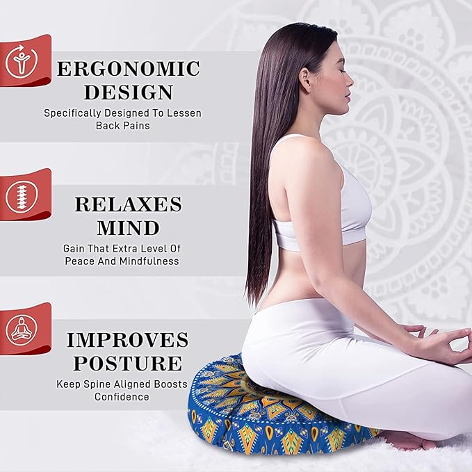 Mandala Meditation Cushion, Boho Meditation Mat, Meditation Pillows for Sitting on Floor, Cushions for Sitting in Home and Outdoor, Round Floor Pillows Cushion Seating for Yoga Accessories 22'' X 22''