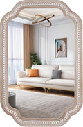 36x24 Inch Scalloped Wall Mirror with Beaded Wood Frame, Boho Farmhouse Decorative Mirrors for Bathroom Over Sink, Living Room, Entryway