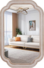 36x24 Inch Scalloped Wall Mirror with Beaded Wood Frame, Boho Farmhouse Decorative Mirrors for Bathroom Over Sink, Living Room, Entryway