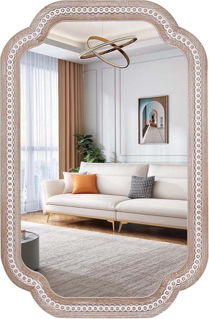 36x24 Inch Scalloped Wall Mirror with Beaded Wood Frame, Boho Farmhouse Decorative Mirrors for Bathroom Over Sink, Living Room, Entryway